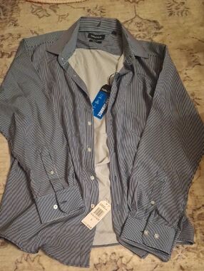 Nautica Men's Navy and White Pinstripe Dress Shirt